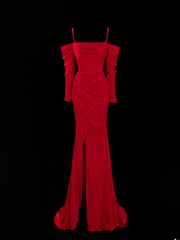 Simple Formal Mermaid Off The Shoulder Red With Slit Ruched Style Impress Long Prom Dresses Party Gowns SA056
