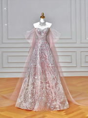 Glitter A line High Neck Pink Sequins Long Formal Fancy Prom Evening Dress Dinner Outfits Party Gowns For Teens AQ058