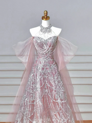 Glitter A line High Neck Pink Sequins Long Formal Fancy Prom Evening Dress Dinner Outfits Party Gowns For Teens AQ058