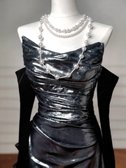 Glitter Mermaid Black Strapless With Removable Sleeves Long Formal Fancy Prom Evening Dress Dinner Outfits Party Gowns For Teens AQ061