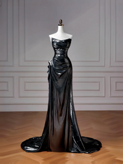 Glitter Mermaid Black Strapless With Removable Sleeves Long Formal Fancy Prom Evening Dress Dinner Outfits Party Gowns For Teens AQ061