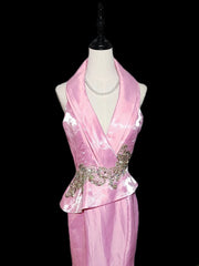 Vintage 1950s Mermaid V Neck Pink With Gold Lace Sleeveless Long Prom Dresses High School Senior Graduation Dance Evening Outfits AS033