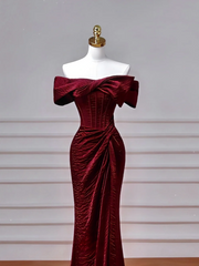 Simple Mermaid Off The Shoulder Burgundy With Sleeves Long Formal Prom Dresses Night Outfits Party Gowns AQ062