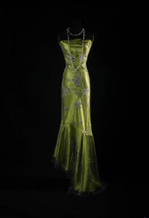 Vintage Mermaid Spaghetti Strap Olive Green Silk Satin 2000s Prom Dress Inspo For Women Girls Formal Party Gowns Lace Formal Dresses AS062
