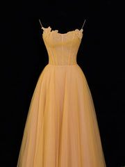 Simple Formal A Line Spaghetti Strap Yellow Tulle Style Impress Long Prom Dresses Party Gowns SA063