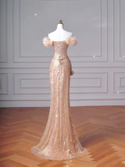 Sparkly Mermaid Off The Shoulder Blush Pink With Sleeves Long Formal Prom Dresses Night Outfits Party Gowns AQ065