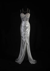 Vintage Mermaid Spaghetti Strap Silver Gray Silk Satin 2000s Prom Dress Inspo With Slit Lace Formal Party Gowns Formal Dresses AS067