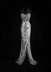 Vintage Mermaid Spaghetti Strap Silver Gray Silk Satin 2000s Prom Dress Inspo With Slit Lace Formal Party Gowns Formal Dresses AS067