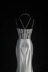 Vintage Mermaid Spaghetti Strap Silver Gray Silk Satin 2000s Prom Dress Inspo With Slit Lace Formal Party Gowns Formal Dresses AS067