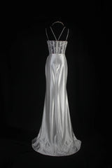 Vintage Mermaid Spaghetti Strap Silver Gray Silk Satin 2000s Prom Dress Inspo With Slit Lace Formal Party Gowns Formal Dresses AS067