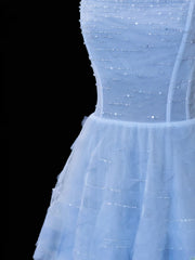 Simple Formal A Line Spaghetti Strap Blue Tulle Style Impress Long Prom Dresses Party Gowns SA070