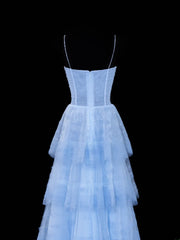Simple Formal A Line Spaghetti Strap Blue Tulle Style Impress Long Prom Dresses Party Gowns SA070