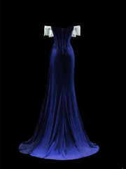Classy Formal Mermaid Off The Shoulder Royal Blue Velvet With Beads Style Impress Long Prom Dresses Party Gowns SA077