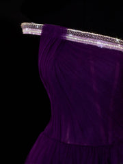 Classy A Line 1950s Formal One Shoulder Purple Tulle With Beads Pleated Style Impress Long Prom Dresses Party Gowns SA081