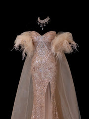 Modest Prom Dresses Aesthetic Mermaid Sweetheart Inspiration Gold Beads Sequin Style Impress With Slit Cape Long Party Formal Gown SA086