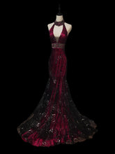 Vintage Mermaid Halter Burgundy Black Lace With Beading Sleeveless Long Prom Dresses High School Senior Graduation Dance Evening Dress AS088