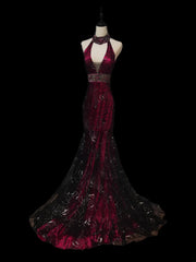 Vintage Mermaid Halter Burgundy Black Lace With Beading Sleeveless Long Prom Dresses High School Senior Graduation Dance Evening Dress AS088