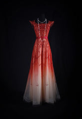 Vintage A line Ombre Red Tulle Square Neck Party Dress With Beads 1950s Retro Classy Birthday Dinner Long Prom Dresses AS090