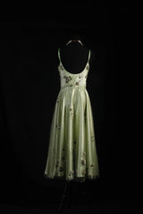 Vintage A line Spaghetti Strap Sage Green Tulle Tea Length Party Dress With Beads 1950s Retro Classy Birthday Dinner Prom Dresses AS093