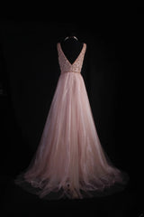 Women's Cocktail Party Gowns A Line V Neck Blush Pink With Beaded Tops Long Graduation Dinner Outfits Prom Dresses AS097