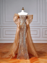 Sparkly Mermaid Strapless Sequins With Beaded Short Sleeves Long Formal Fancy Prom Evening Dress Dinner Outfits Party Gowns AQ099