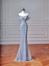 Sparkly Mermaid Strapless Light Blue Sequins With Sleeves Long Formal Fancy Prom Evening Dress Dinner Outfits Party Gowns AQ108