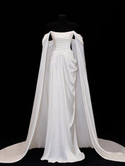 Modest Prom Dresses Aesthetic Sheath Off The Shoulder Ivory Satin Inspiration Style Impress With Sleeves Cape Long Party Formal Gown SA109