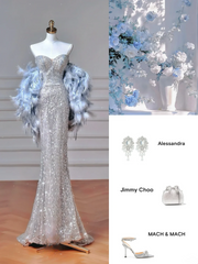 Elegant Mermaid Sweetheart Silver Gray Sequin Long Formal Prom Evening Dress Dinner Outfits Party Gowns AQ117