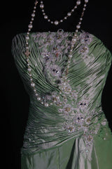Vintage 50s 1950s Formal Mermaid Strapless Green Taffeta Pleated With Lace Appliques Sleeveless Long Prom Dresses Party Formal Gowns AS127