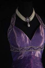 Vintage 50s 1950s Formal Mermaid Halter Purple Tiered Taffeta Pleated With Beads Sleeveless Long Prom Dresses Party Formal Gowns AS129