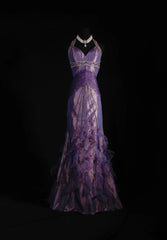 Vintage 50s 1950s Formal Mermaid Halter Purple Tiered Taffeta Pleated With Beads Sleeveless Long Prom Dresses Party Formal Gowns AS129