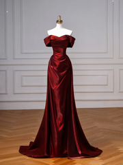 Classy Mermaid Off The Shoulder Burgundy Satin Long Formal Prom Dresses Dance Night Outfits Party Gowns AQ132
