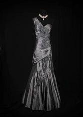 Vintage 50s 1950s Formal Mermaid One Shoulder Grey Tiered Pleated With Beads Style Impress Long Prom Dresses Party Formal Gowns AS141