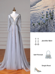 Elegant A Line V Neck Silver Gray Tulle Long Formal Prom Dresses Dance Night Outfits Evening Party Gowns AB2207