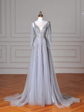 Elegant A Line V Neck Silver Gray Tulle Long Formal Prom Dresses Dance Night Outfits Evening Party Gowns AB2207