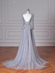 Elegant A Line V Neck Silver Gray Tulle Long Formal Prom Dresses Dance Night Outfits Evening Party Gowns AB2207