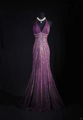 Vintage Prom Dresses Aesthetic Mermaid Halter Purple Semi Formal With Beads Inspo Impress Long Party Formal Gown For Teens High Schools AS166