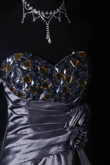 Sparkly Prom Dresses Aesthetic Sheath Strapless Gray With Beads Inspo Party Semi Formal Gown For Senior Teens High Schools AS168