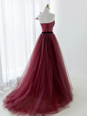 Elegant Ball Gown Strapless Burgundy Tulle Long Formal Prom Dresses Dance Night Outfits Evening 18th Birthday Outfit AS177