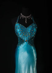 Vintage Mermaid Halter Blue Satin With Beads Long Formal Fancy Prom Dresses Night Outfits Party Gowns For Teens AS189