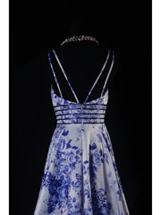 Vintage A line Spaghetti Straps Floral Royal Blue Satin Long Formal Old 1950s Prom Dresses Night Outfits Party Gowns AS222