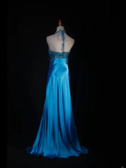 Vintage A line Halter Blue Satin Long Formal Old 1950s Prom Dresses Night Outfits Party Gowns AS230