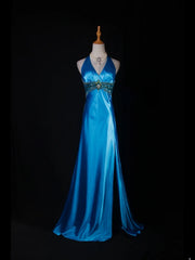Vintage A line Halter Blue Satin Long Formal Old 1950s Prom Dresses Night Outfits Party Gowns AS230