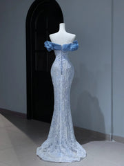 Modest Prom Dresses Aesthetic Mermaid Off The Shoulder Blue Sequins Inspiration Style Impress With Puffy Sleeves Long Party Formal Gown AS380