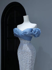 Modest Prom Dresses Aesthetic Mermaid Off The Shoulder Blue Sequins Inspiration Style Impress With Puffy Sleeves Long Party Formal Gown AS380