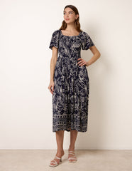 Shirred Drop Waist Midi Dress