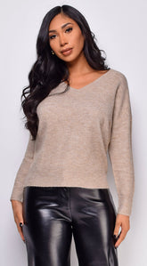 Remy V Neck Drop Shoulder Sweater Top - Beige