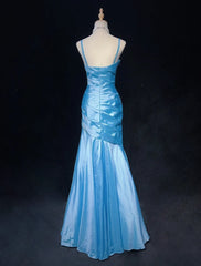 Trendy Prom Dresses Inspiration Mermaid Spaghetti Strap Blue Gala Satin With Beading Formal Gowns N3190