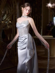 Classy Mermaid Sweetheart Silver Grey With Ruffles Long Party Gowns Prom Dresses N2034