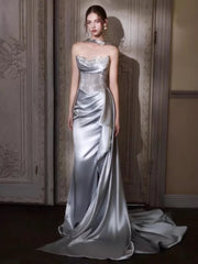 Classy Mermaid Sweetheart Silver Grey With Ruffles Long Party Gowns Prom Dresses N2034